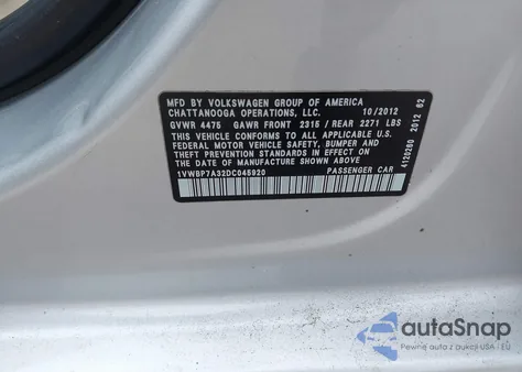 2013 Volkswagen Passat 2.5L Se from USA, damaged, VIN 1VWBP7A32DC045920